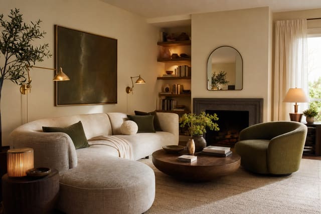 updated 1990s living room with softened beige walls, muted olive accents, warm brass, and cream linen curtains
