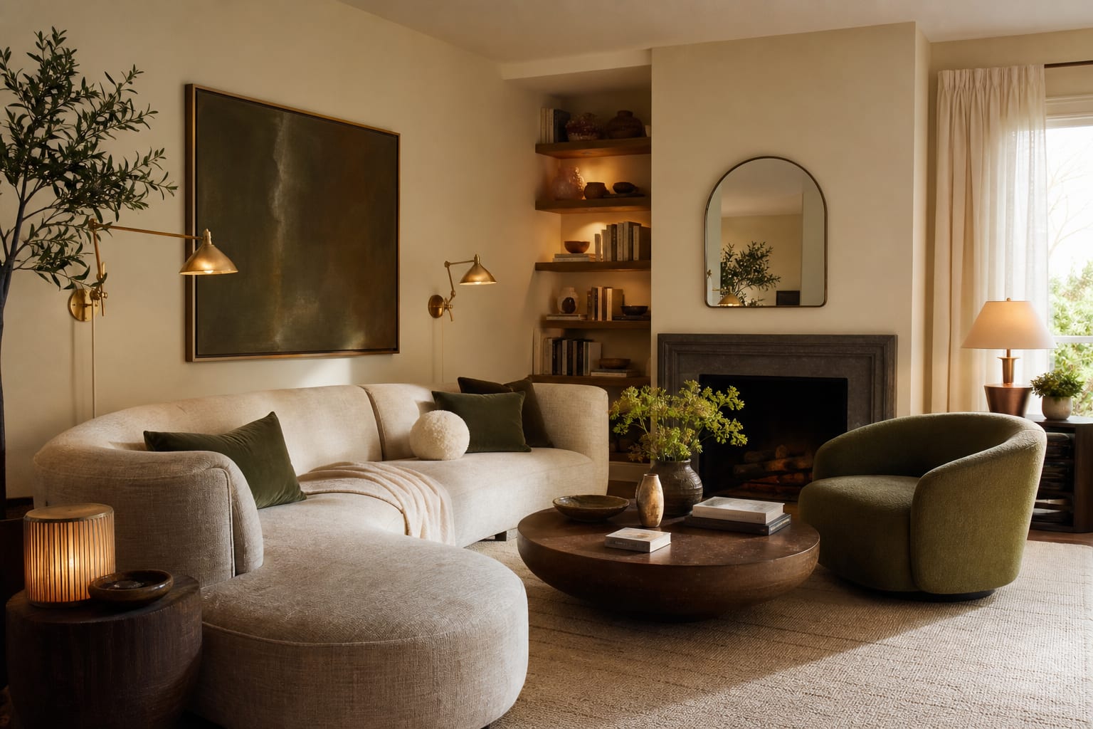 updated 1990s living room with softened beige walls, muted olive accents, warm brass, and cream linen curtains
