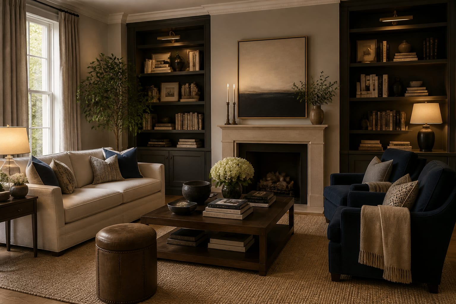 Editorial interior photograph showing the 60-30-10 color rule through walls, upholstery, accent decor, and layered textiles.