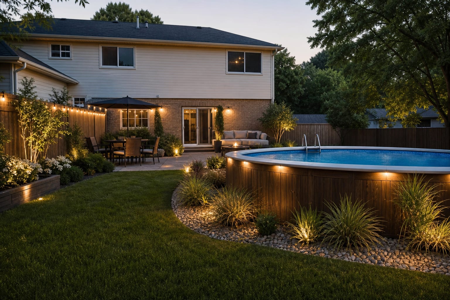 Same backyard pool with a small timber deck, gravel perimeter, ornamental grasses, lounge chairs, and warm low-voltage lighting.