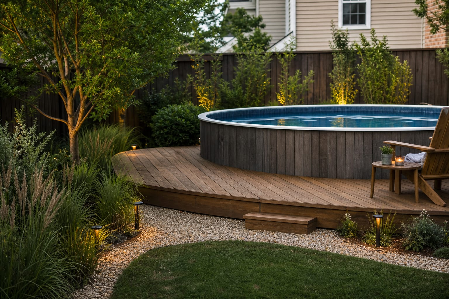 above-ground pool with a low timber deck, layered grasses, gravel edging, and warm path lighting in a compact backyard