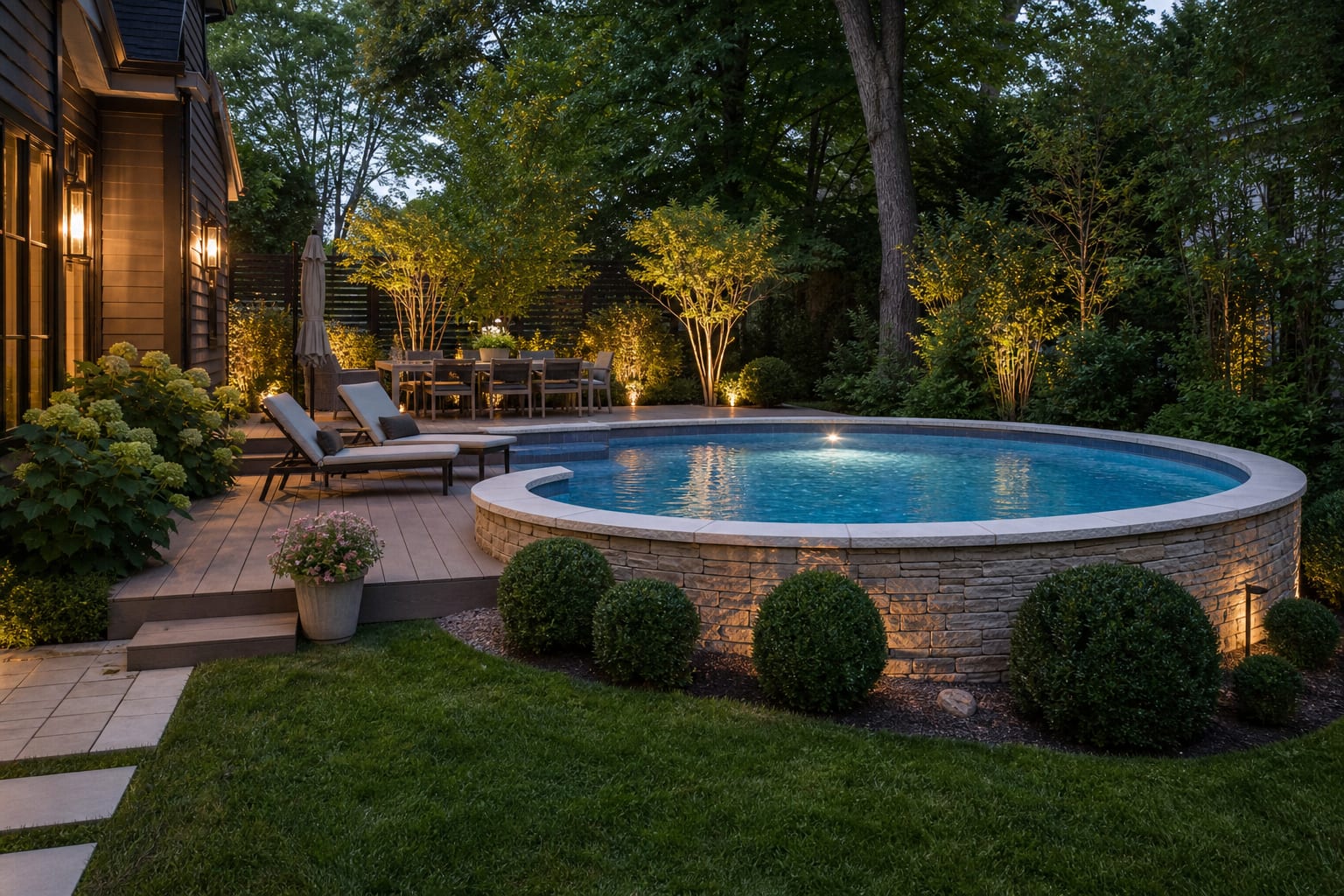 semi-inground above-ground pool with stone coping, clipped shrubs, and a compact deck aligned with a backyard dining area