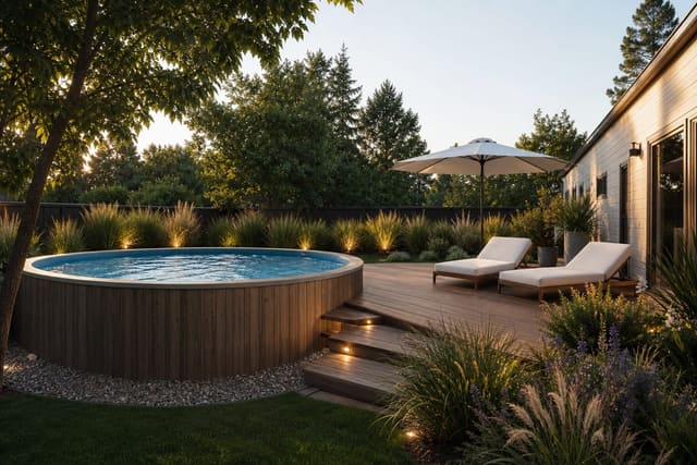 above-ground pool with a low timber deck, layered grasses, gravel edging, and warm path lighting in a compact backyard