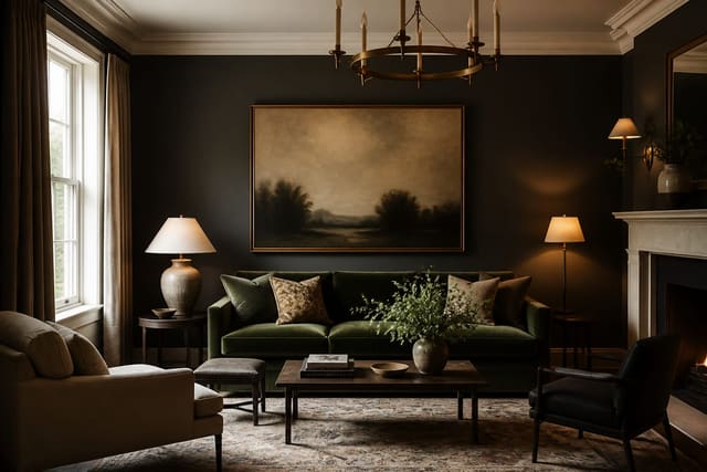 Editorial interior photograph showing a tasteful accent wall with rich paint color, artwork, lighting, and balanced furniture placement.