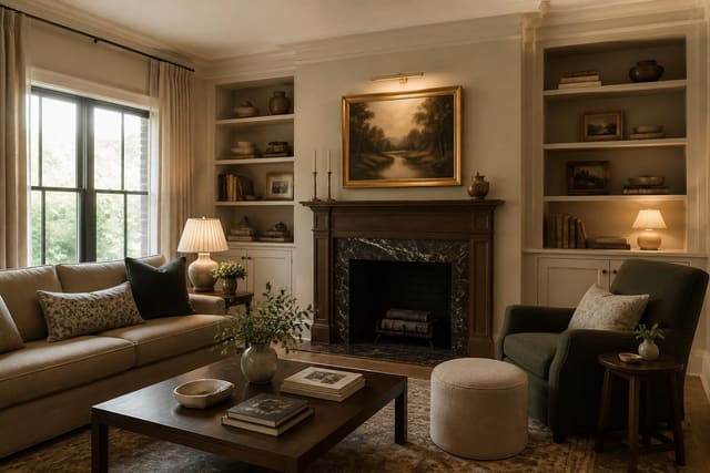 How to Add Character to a New Build Home, shown as warm editorial Re-Design photography of a new-build home interior with added character through millwork, vintage furniture, bigger art, and warm lighting at believable residential scale, no overlaid text, no watermark
