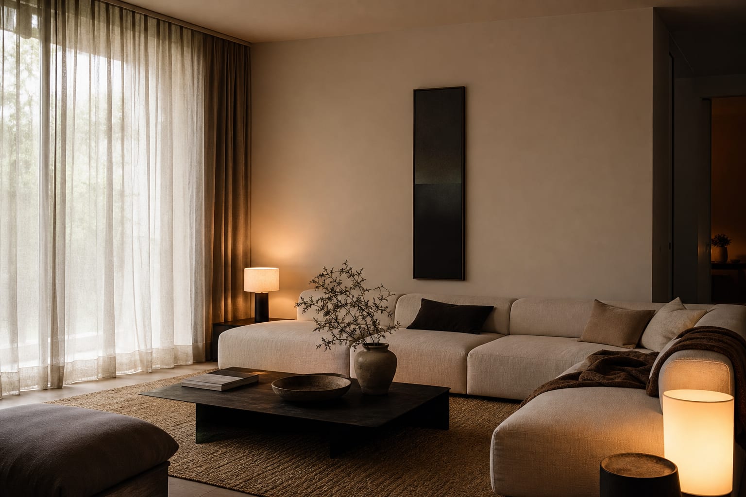 low living room with high linen curtains slim vertical art low sofa and warm side lighting