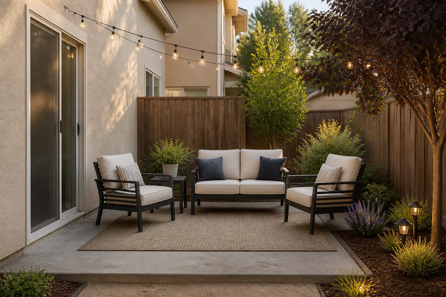 The same concrete patio furnished with an aluminum conversation set, rug, and string lights