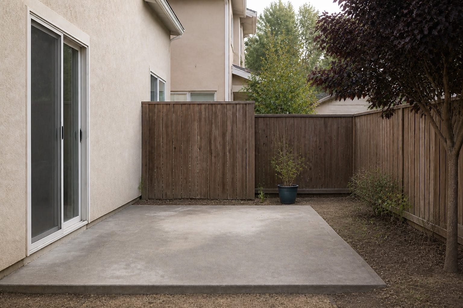An empty concrete patio with no furniture against a beige house wall