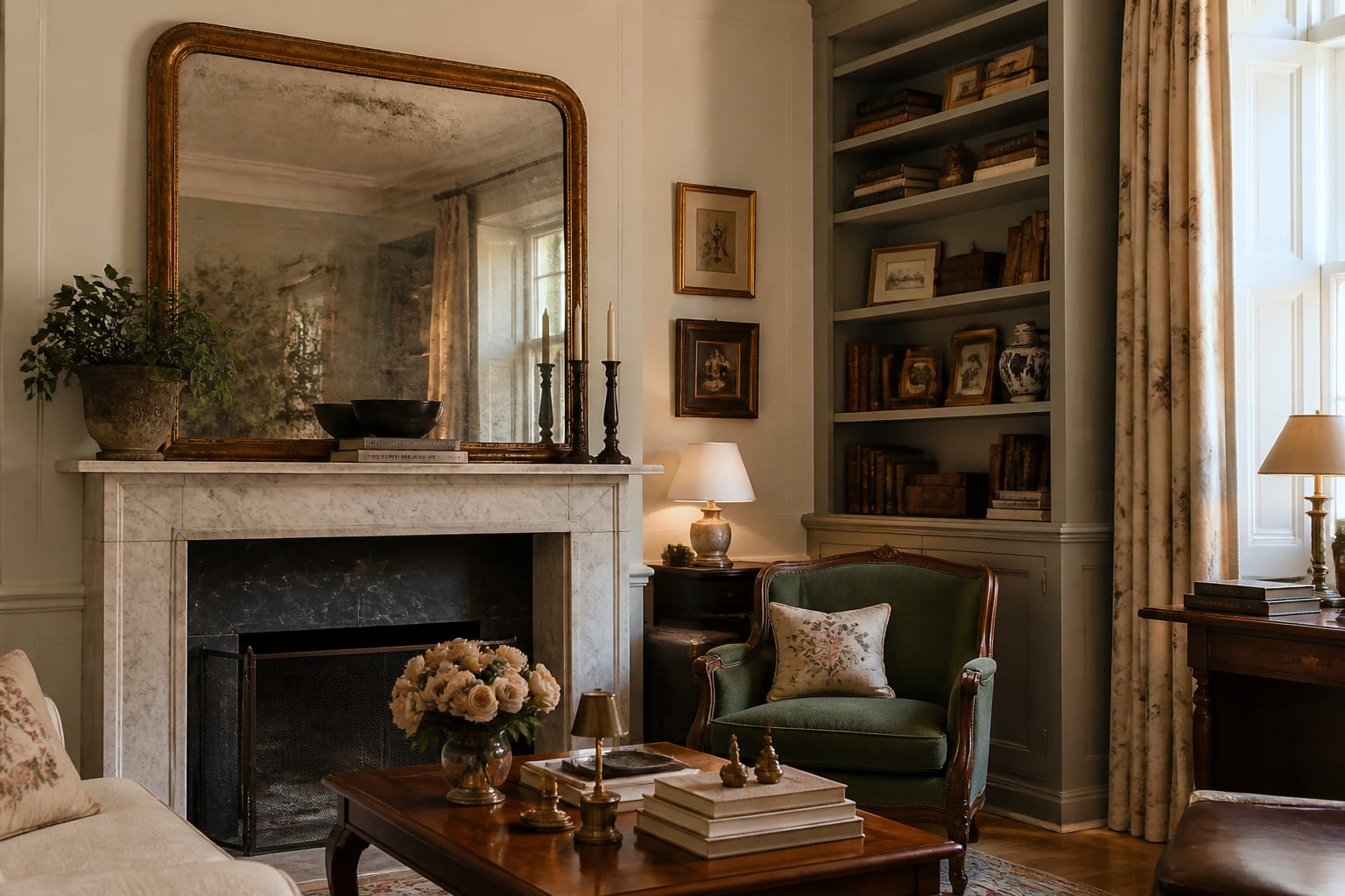 Aged and Antique Mirror Ideas: Foxed Glass That Looks Collected, shown as warm editorial Re-Design photography of a grandmillennial editorial residential interior design scene with believable residential scale, no overlaid text, no watermark