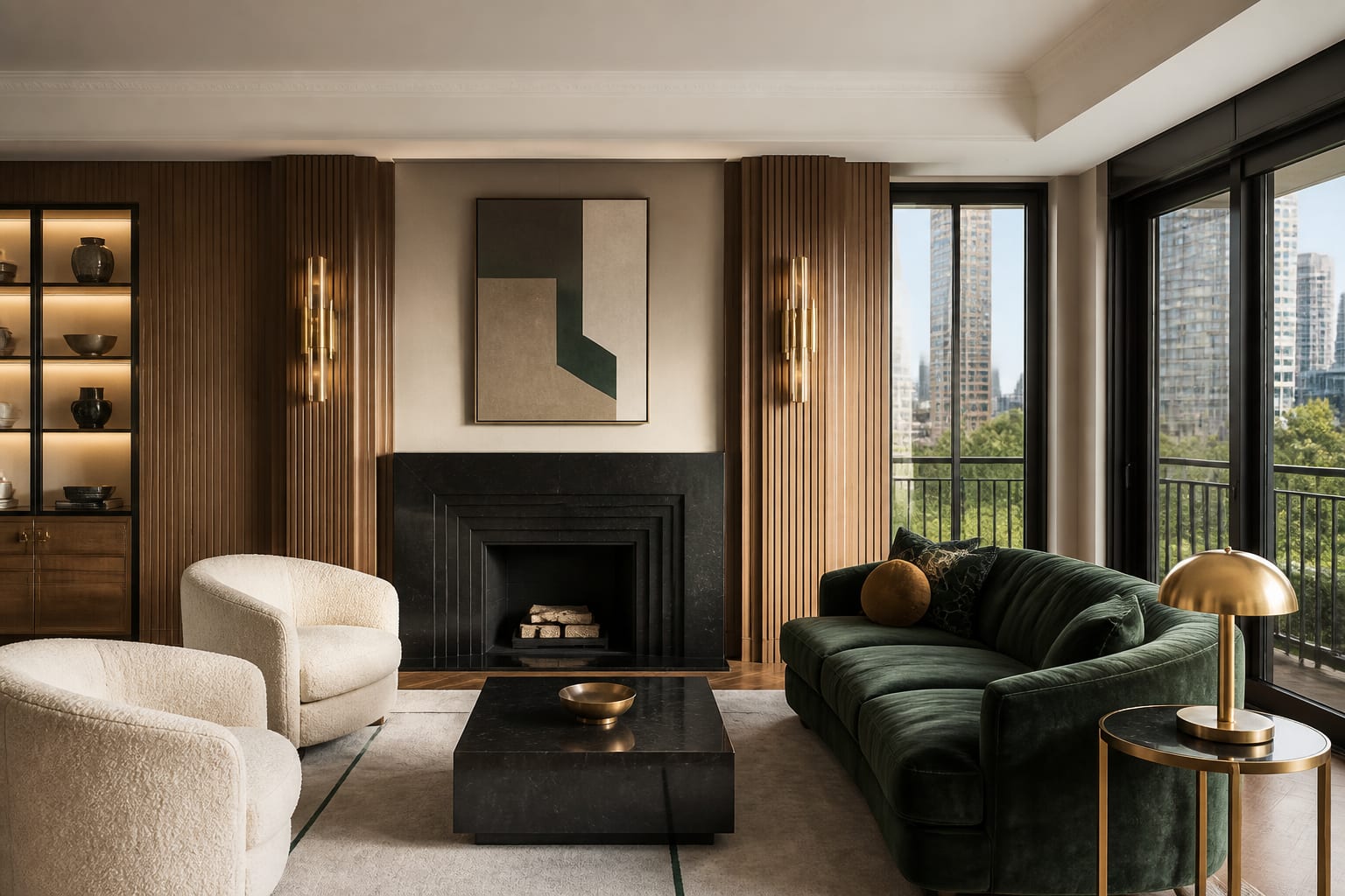 Art Deco living room concept with fluted wood, brass lighting, velvet seating, black accents, and stepped geometry in a real apartment