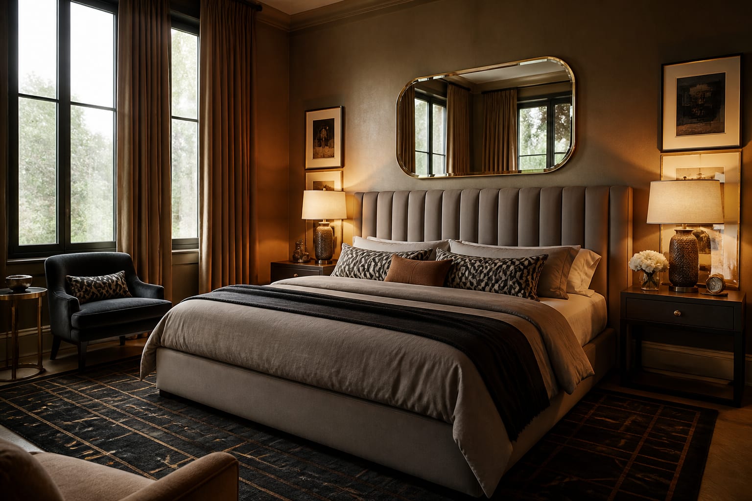 Bedroom with channel-tufted headboard, arched brass mirror, shaded lamps, and dark geometric rug in an Art Deco palette