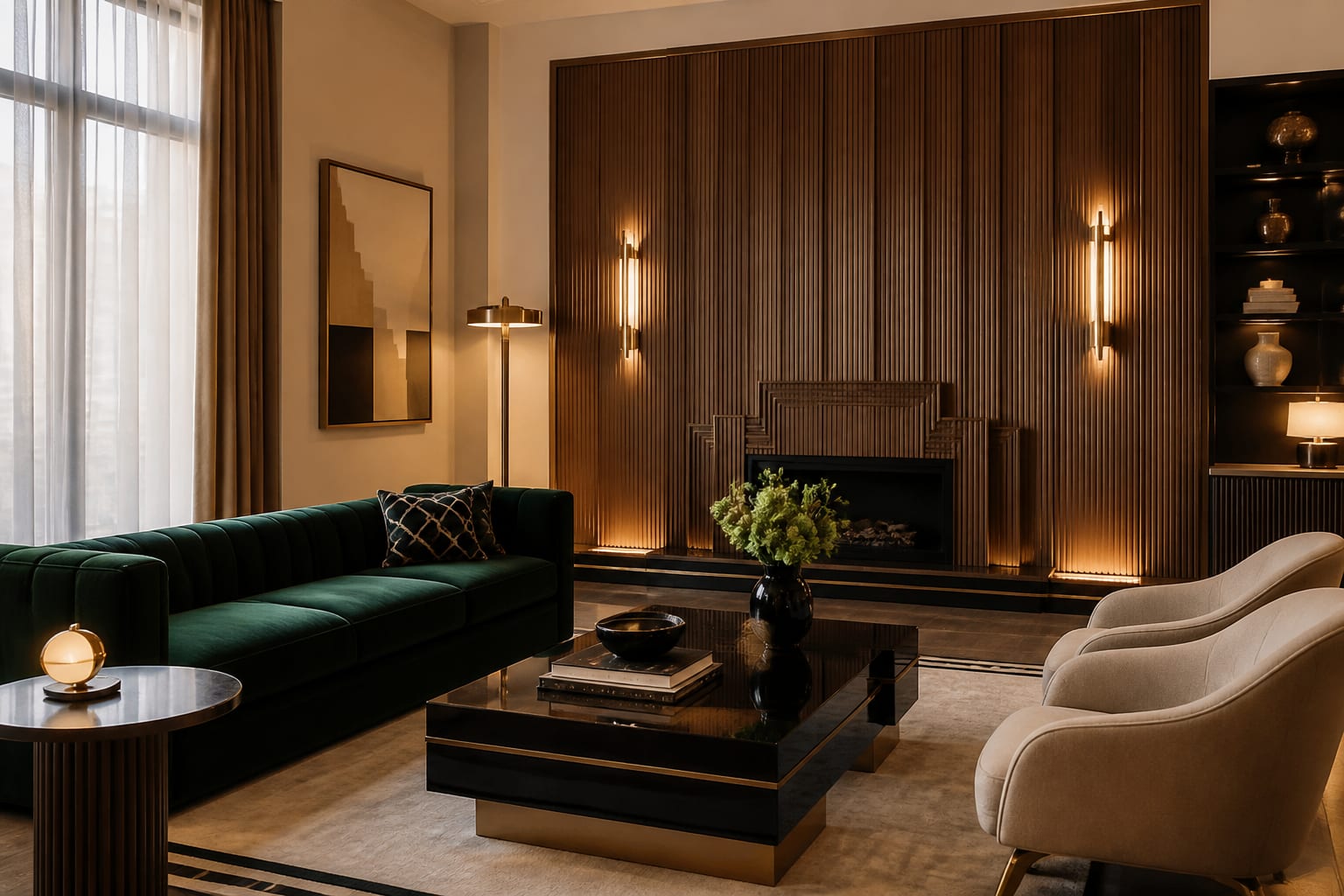 Art Deco living room concept with fluted wood, brass lighting, velvet seating, black accents, and stepped geometry in a real apartment