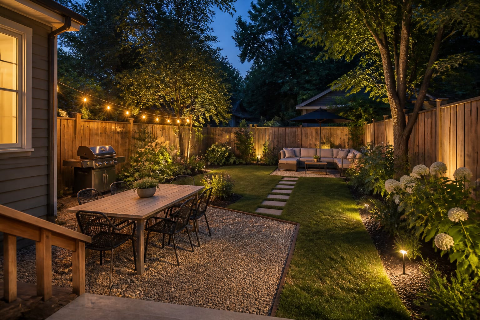 Redesigned backyard from the same angle with defined gravel dining, shaded lounge seating, warm lighting, and layered border planting.