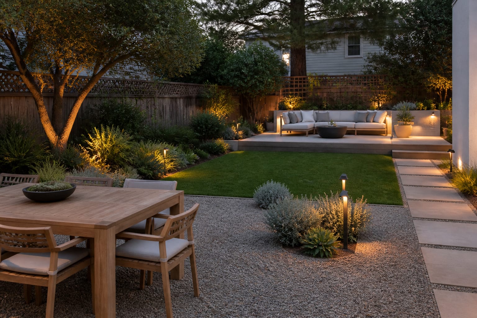 layered backyard design with gravel dining area, lounge seating, warm path lighting, and soft planting around a simple lawn
