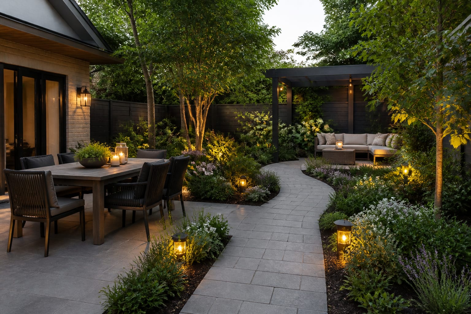 backyard plan with 36 inch path, dining near the house, shaded lounge, planting border, and warm low-voltage lights