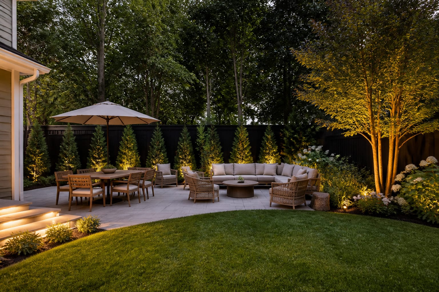 AI backyard preview showing the same fence and lawn transformed with defined dining, lounge, planting, and low warm lights