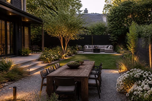layered backyard design with gravel dining area, lounge seating, warm path lighting, and soft planting around a simple lawn