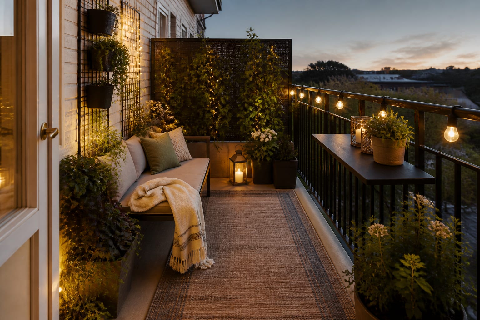 same balcony angle redesigned with compact seating, rail table, outdoor rug, tall planters, privacy screen, and soft evening lighting.
