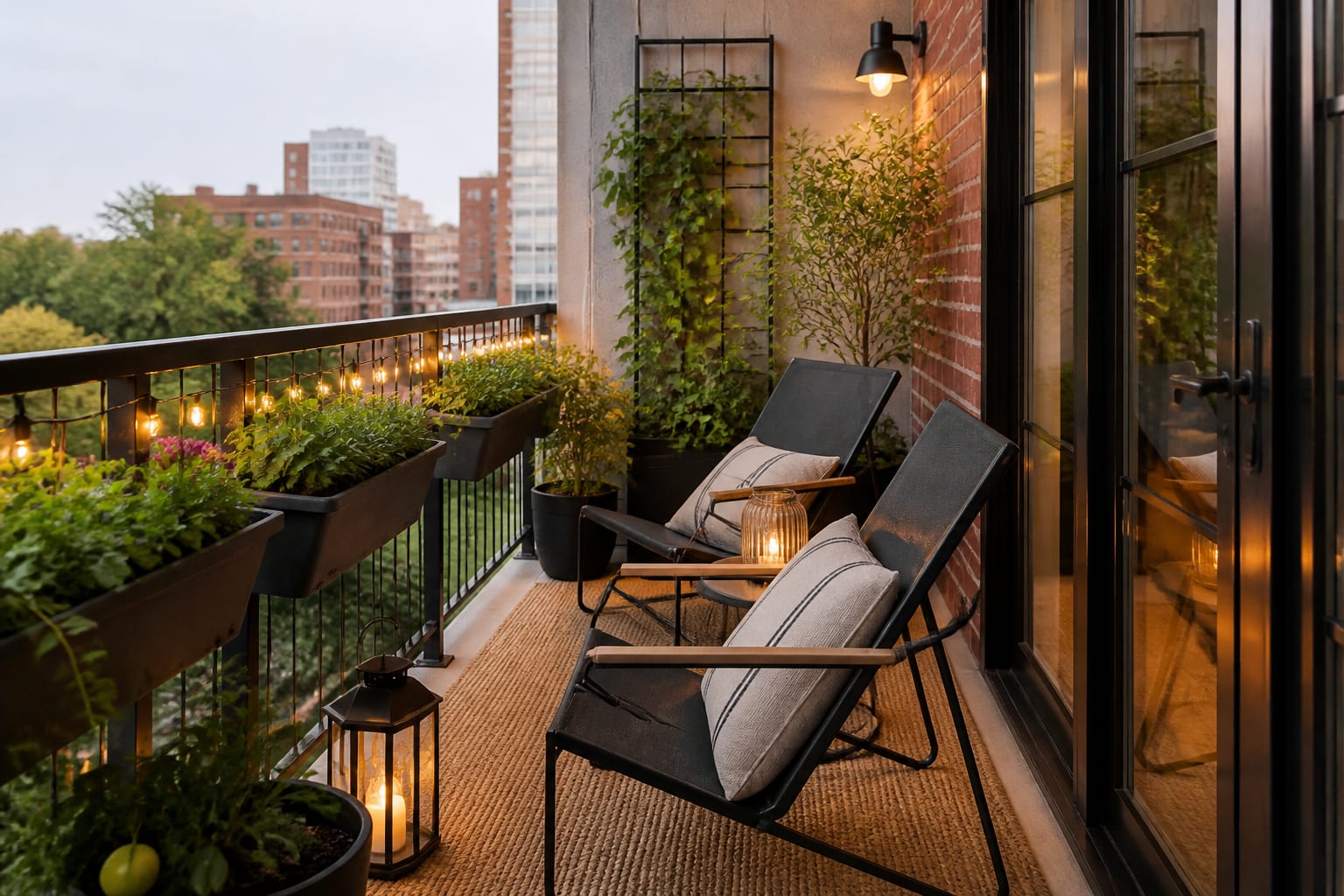compact apartment balcony with slim lounge chairs, rail planters, woven outdoor rug, warm lanterns, and a clear door path