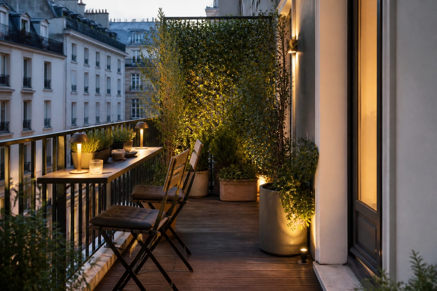 narrow balcony with rail-mounted table, two folding chairs, privacy planting, and a clear walkway from the apartment door