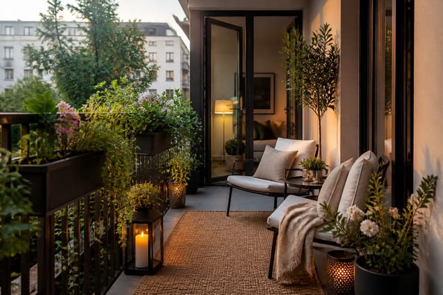 compact apartment balcony with slim lounge chairs, rail planters, woven outdoor rug, warm lanterns, and a clear door path