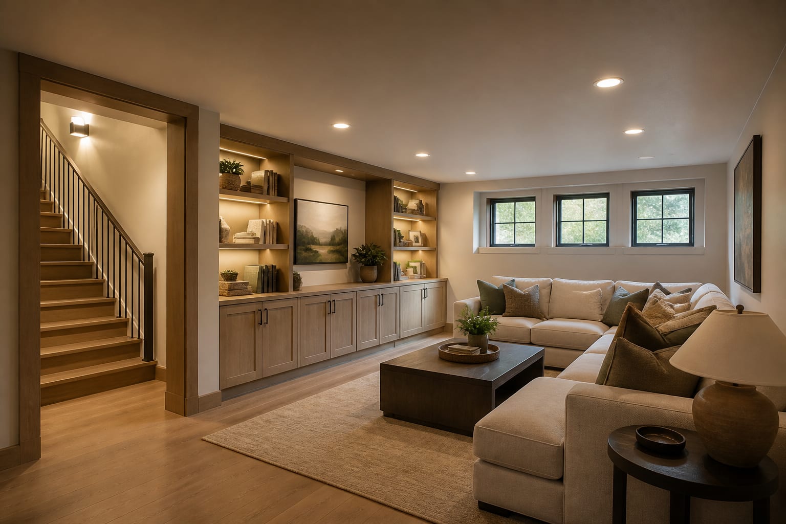 unfinished basement redesigned as a warm family lounge with recessed lighting, storage wall, sectional, and defined stair entry