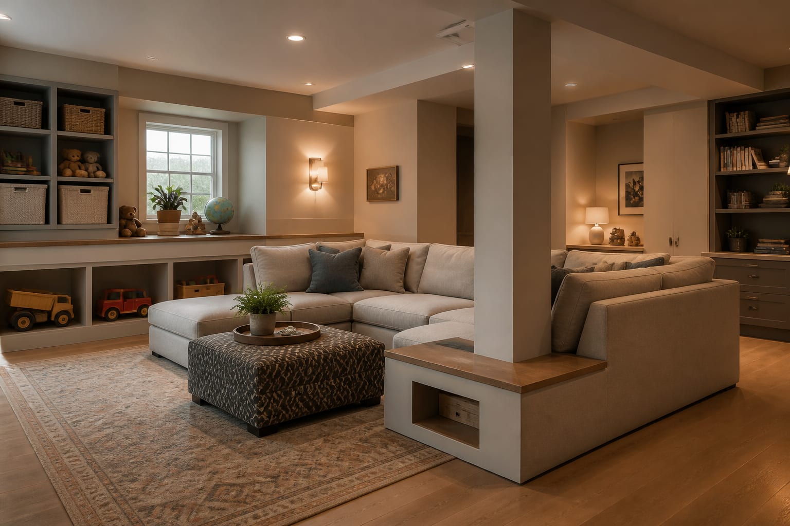 basement concept with support column integrated into a sectional lounge, toy storage, and warm wall sconces