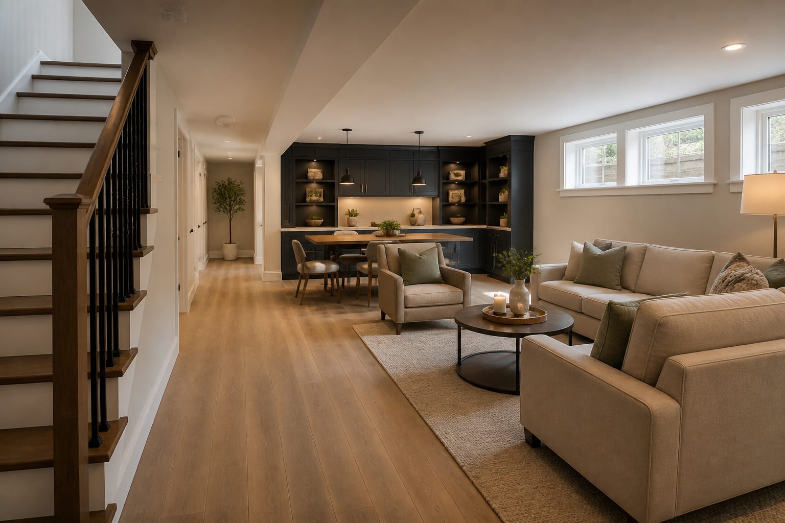 finished basement preview with durable flooring, soft lighting, storage cabinets, and clear walking path from stair landing