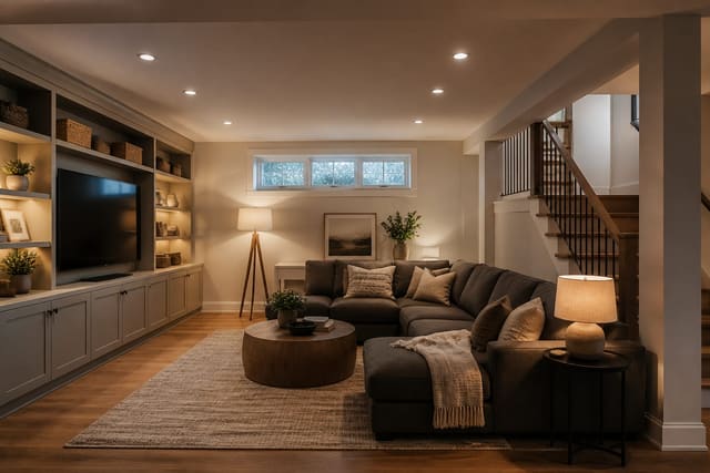 unfinished basement redesigned as a warm family lounge with recessed lighting, storage wall, sectional, and defined stair entry