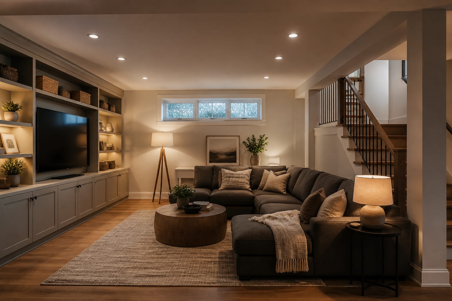 unfinished basement redesigned as a warm family lounge with recessed lighting, storage wall, sectional, and defined stair entry