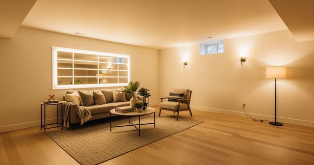 An AI basement design preview showing a finished family room with luxury vinyl plank, layered lighting, and a low bookcase dividing the TV zone from a reading nook