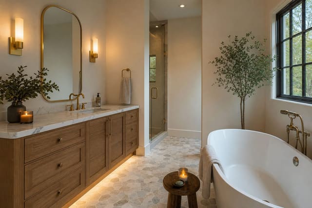 A bathroom redesign preview with new floor tile, vanity, and wall sconces generated from a real bathroom photo