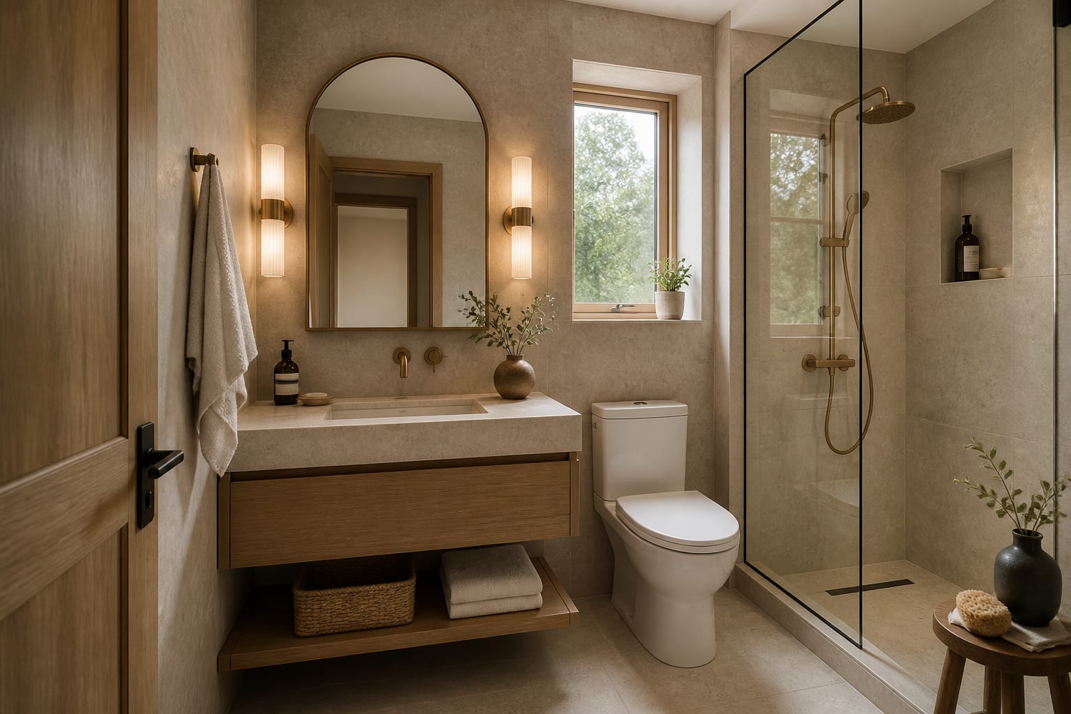compact bathroom with warm stone tile, floating oak vanity, arched mirror, brass sconces, and glass shower previewed as a cohesive renovation concept