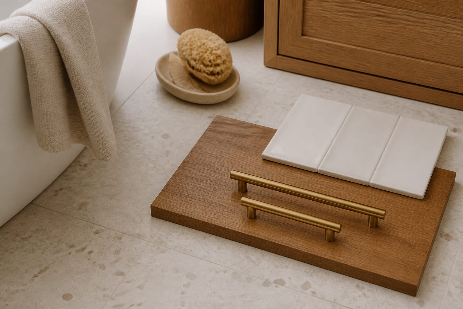 bathroom materials laid out with pale terrazzo floor tile, warm wood vanity sample, brushed brass pulls, and soft white wall tile
