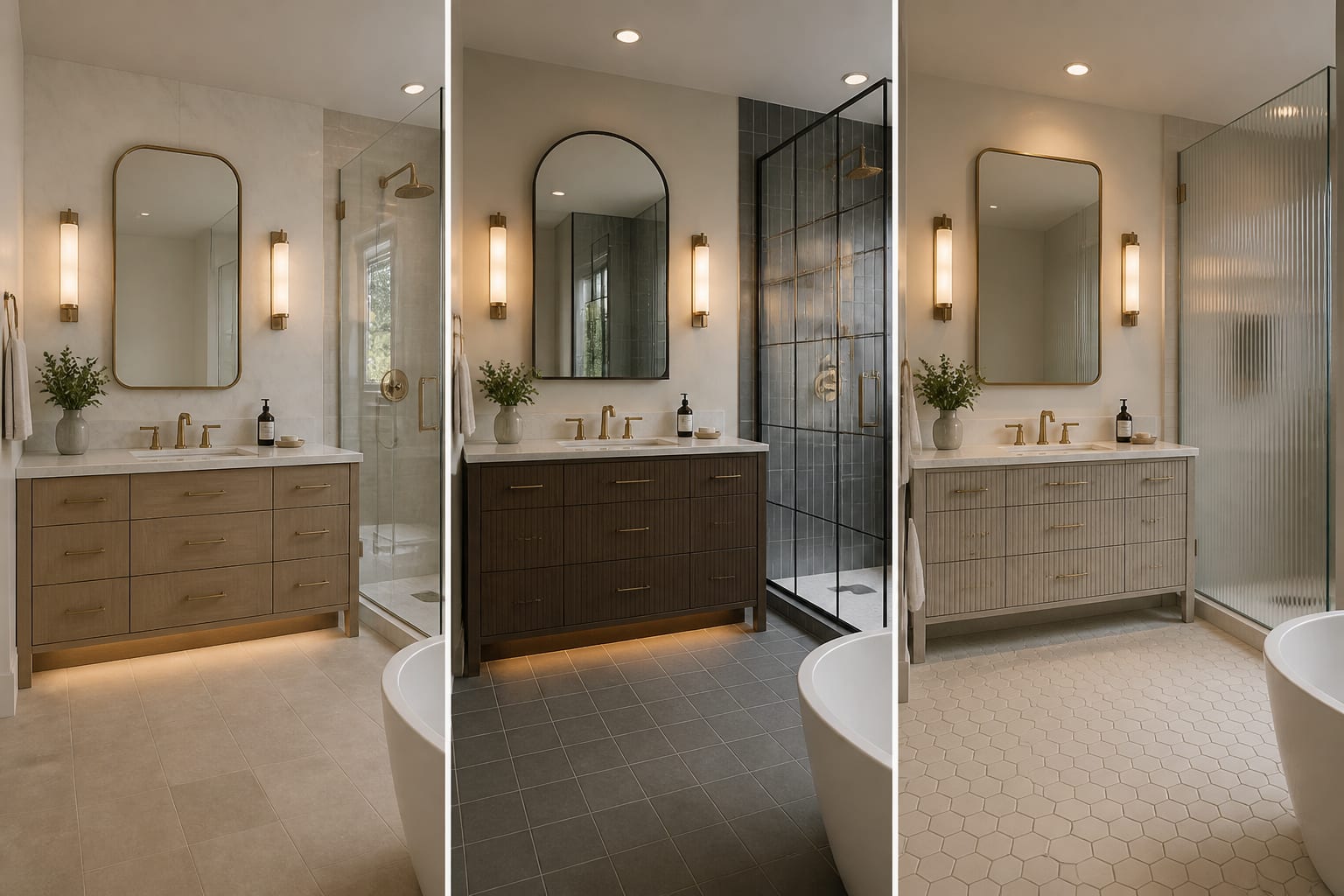 AI bathroom visualization showing three renovation options with different vanity finishes, tile scales, mirror shapes, and shower glass treatments