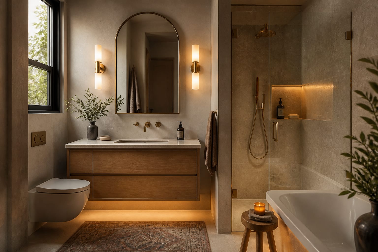 compact bathroom with warm stone tile, floating oak vanity, arched mirror, brass sconces, and glass shower previewed as a cohesive renovation concept
