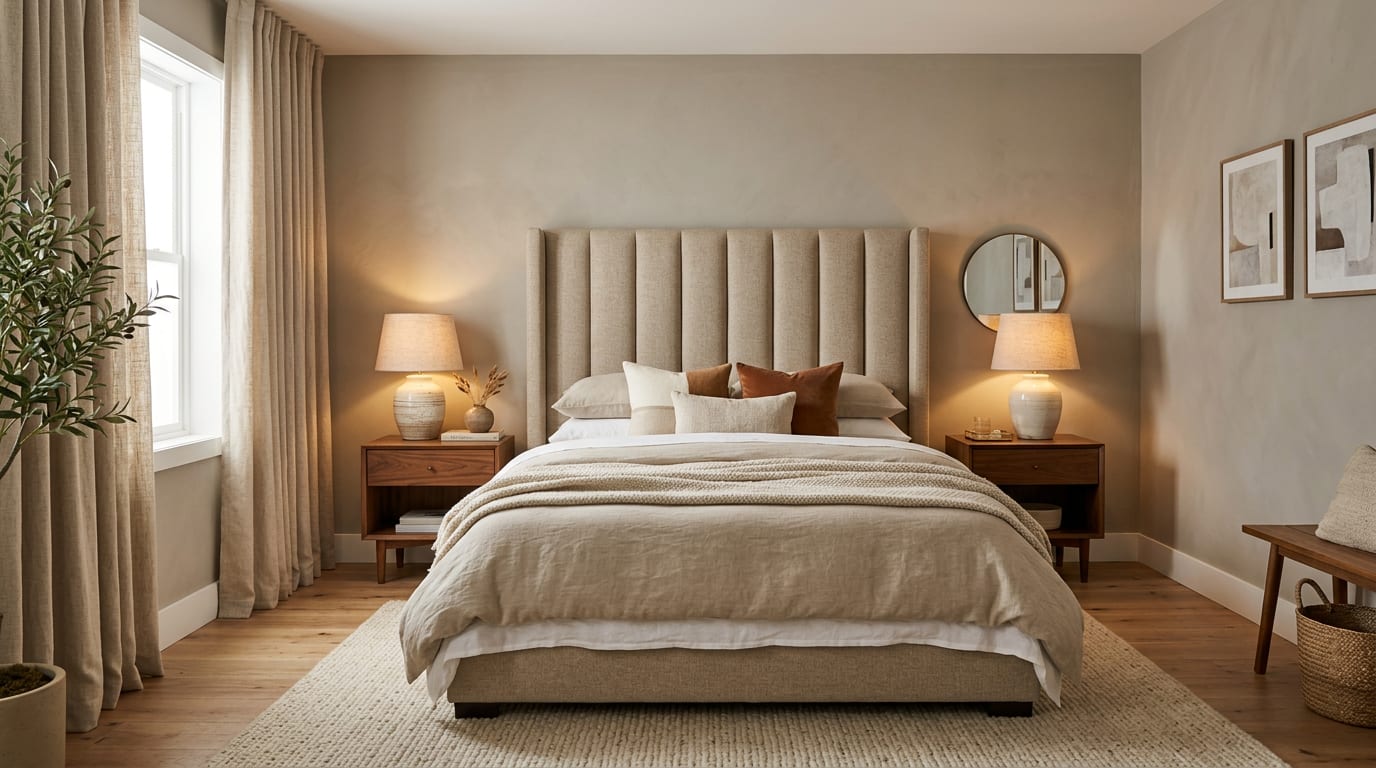 An AI bedroom redesign preview showing a queen upholstered platform bed with a tall channel-tufted headboard, matching walnut nightstands, linen curtains, and layered lamp lighting generated from a real room photo