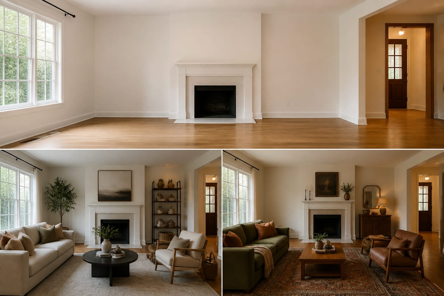 living room shown from one camera angle with a plain before view and AI redesign options arranged for comparison