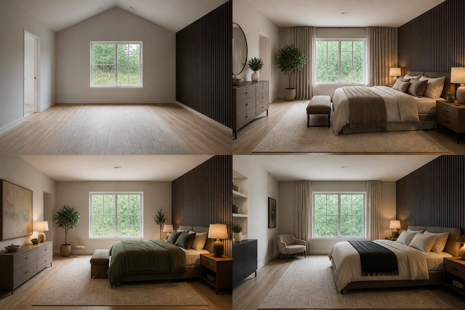 same bedroom before photo paired with three AI redesigns that keep the bed wall, window, and flooring unchanged
