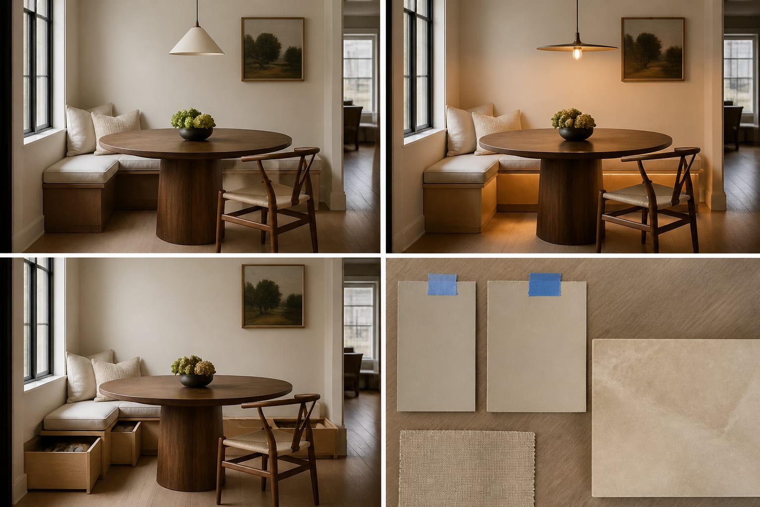 comparison board with an original dining nook, AI lighting option, AI storage option, and notes for tape and sample tests