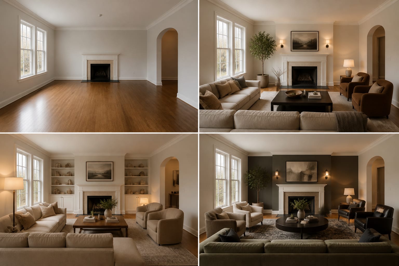 living room shown from one camera angle with a plain before view and AI redesign options arranged for comparison