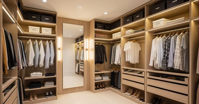 An AI closet design preview showing a walk-in closet with zoned hanging, drawer tower, shoe shelves, and LED under-shelf lighting
