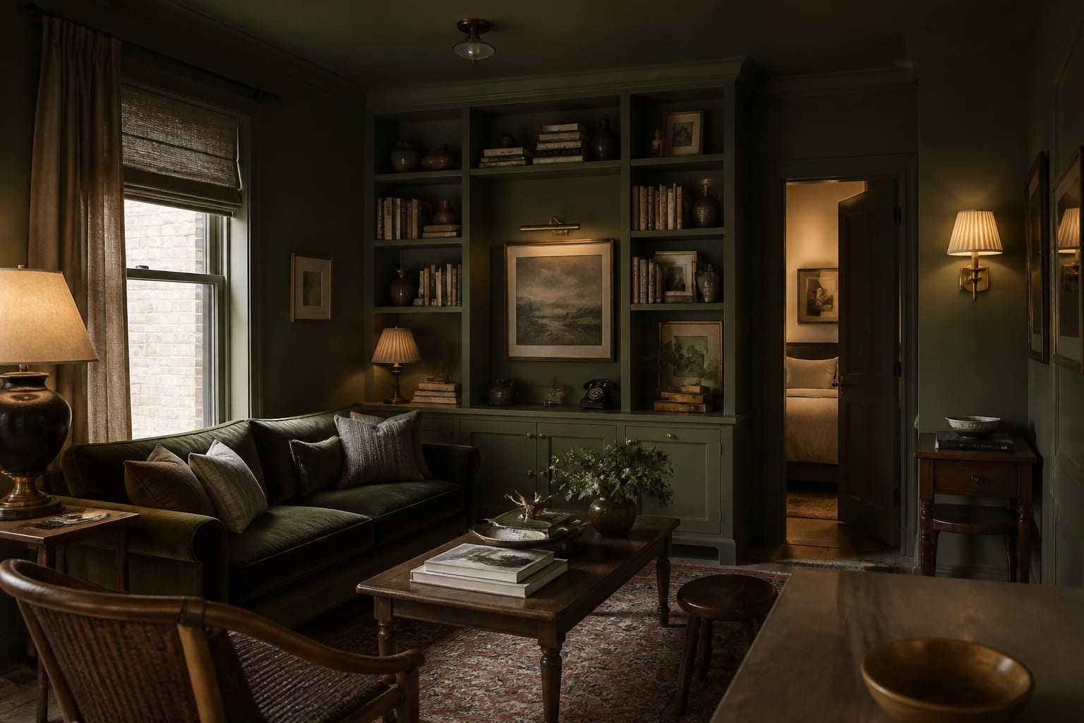 deep olive color drenched sitting room with matching trim, built-ins, ceiling, and warm lamps in a compact apartment