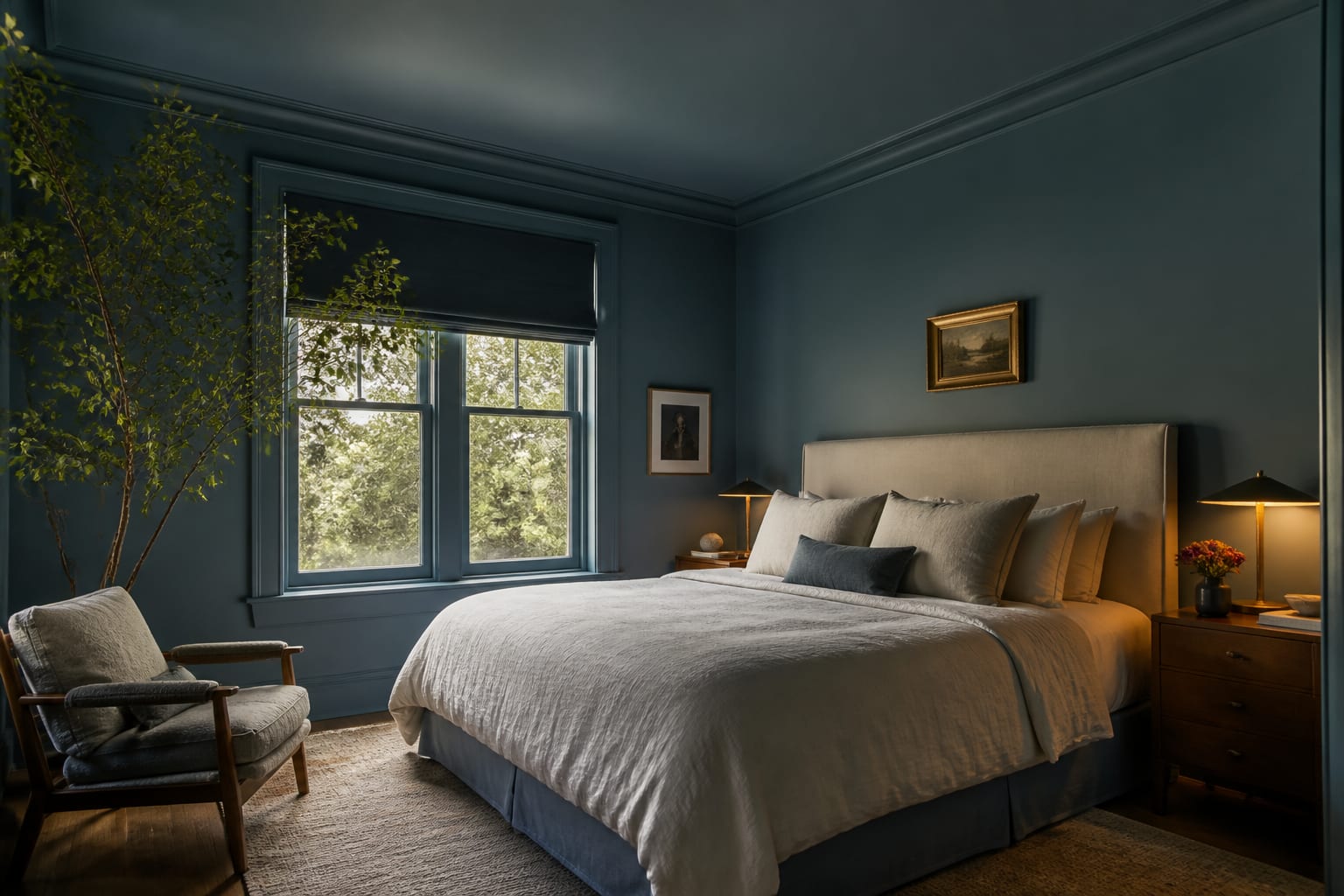 color drenched bedroom with muted blue walls, matching trim, painted ceiling, linen bedding, and warm bedside lighting