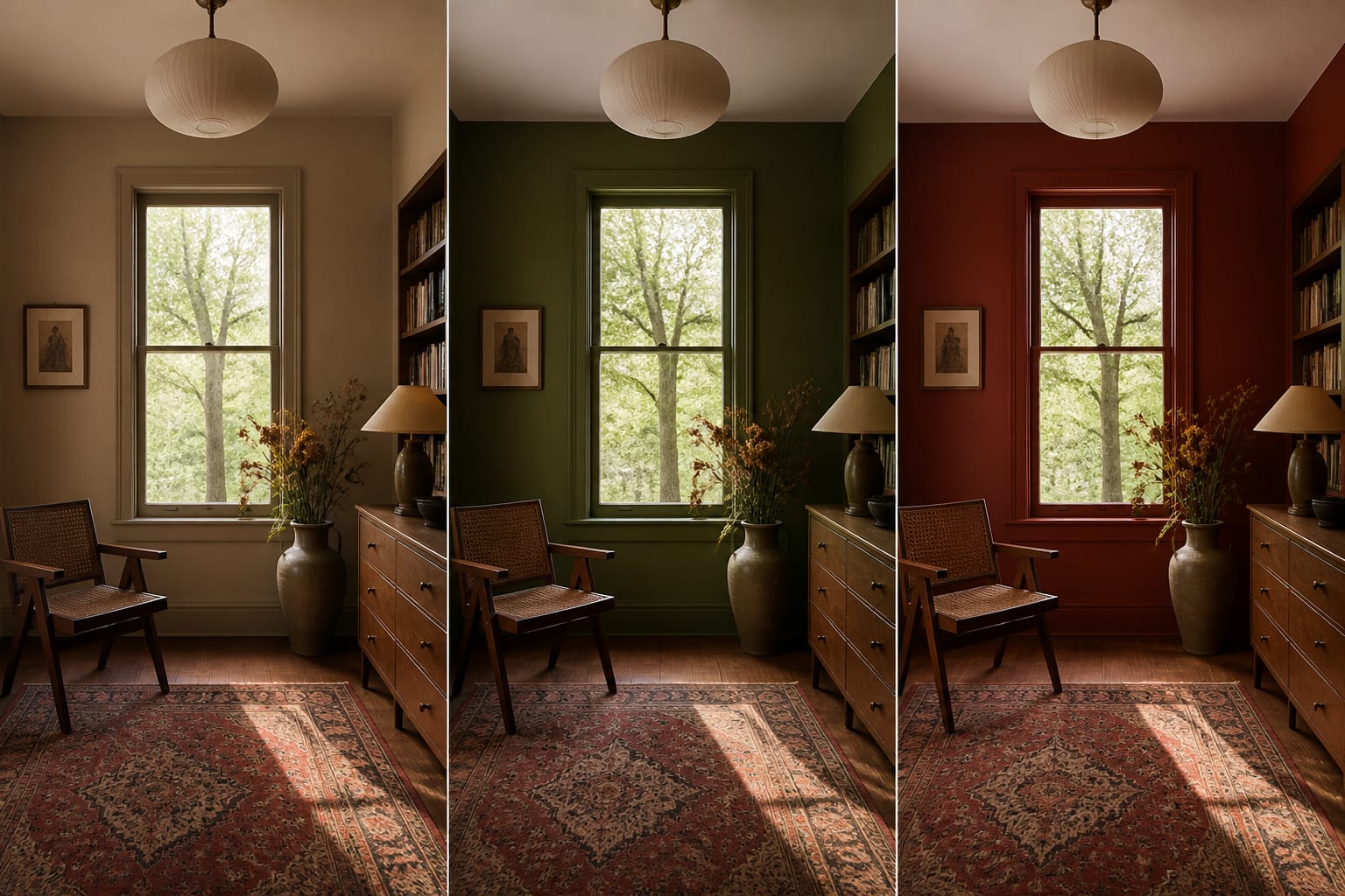ai preview style comparison of a small room color drenched in mushroom, olive, and oxblood paint options
