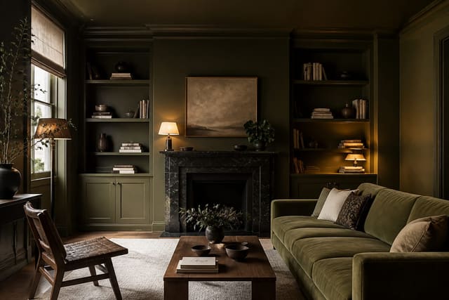 deep olive color drenched sitting room with matching trim, built-ins, ceiling, and warm lamps in a compact apartment