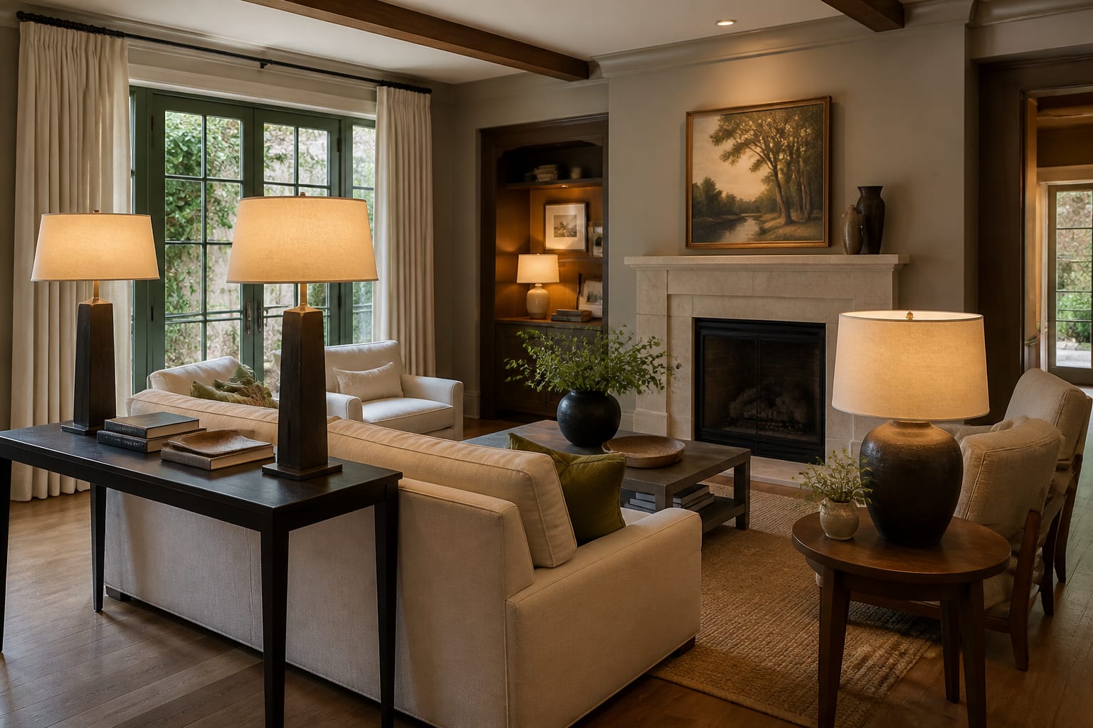 warm living room with tested wall colors, wood flooring, cream upholstery, and layered lamps shown in one cohesive palette