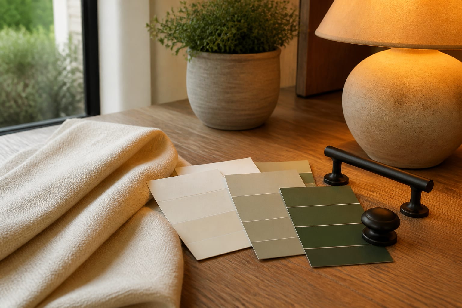 paint samples beside oak flooring, cream fabric, black metal hardware, and a warm lamp showing undertones before commitment