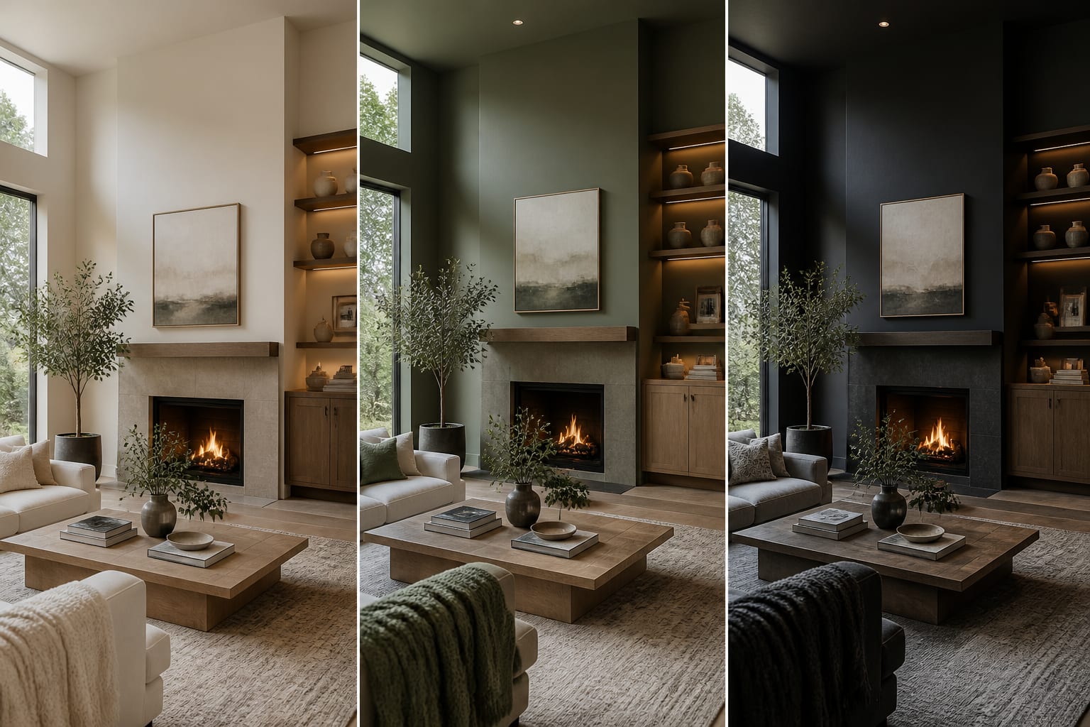 AI palette preview showing the same room in warm neutral, muted green, and deeper charcoal accent directions