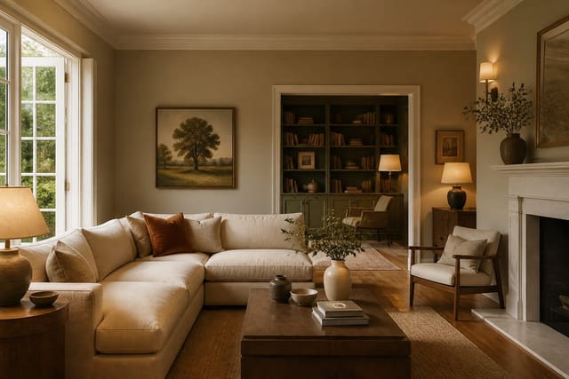 warm living room with tested wall colors, wood flooring, cream upholstery, and layered lamps shown in one cohesive palette